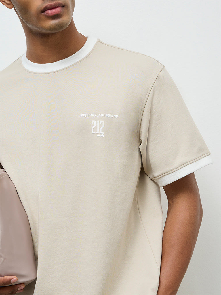 Nuoflexx Beige Text Printed Relaxed-Fit T-Shirt