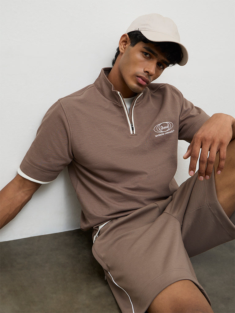 Nuoflexx Taupe Text-Detail Relaxed Fit Cotton-Blend T-Shirt