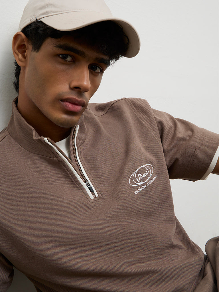 Nuoflexx Taupe Text-Detail Relaxed Fit Cotton-Blend T-Shirt