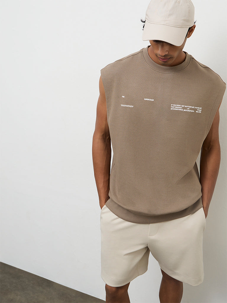 Nuoflexx Taupe Text-Embossed Relaxed Fit T-Shirt