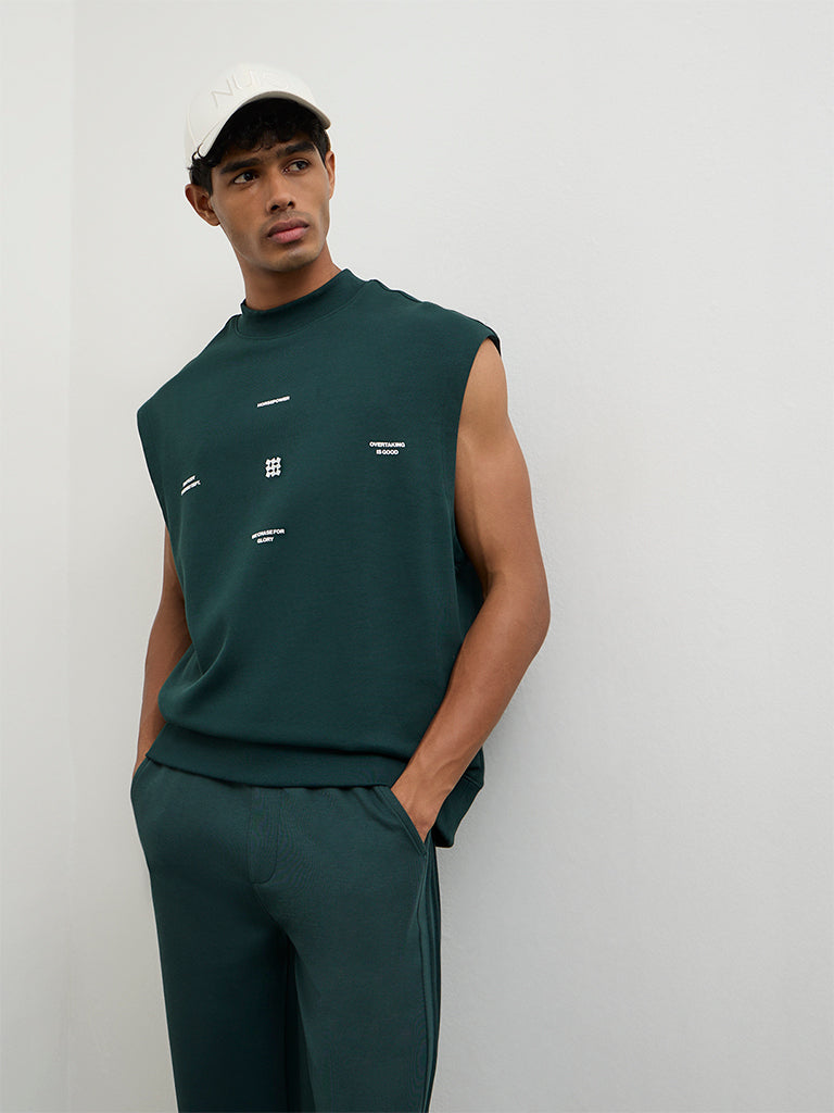 Nuoflexx Green Text-Embossed Relaxed Fit Cotton-Blend T-Shirt