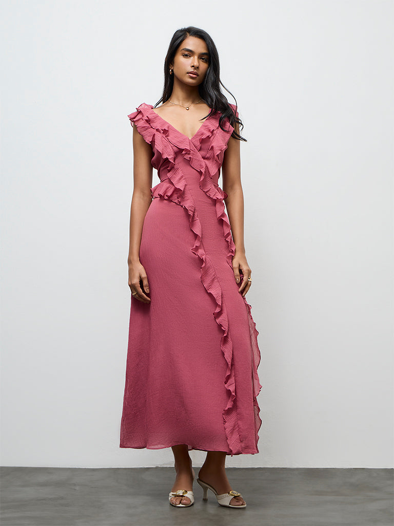 LOV Pink Ruffled Maxi A-Line Dress