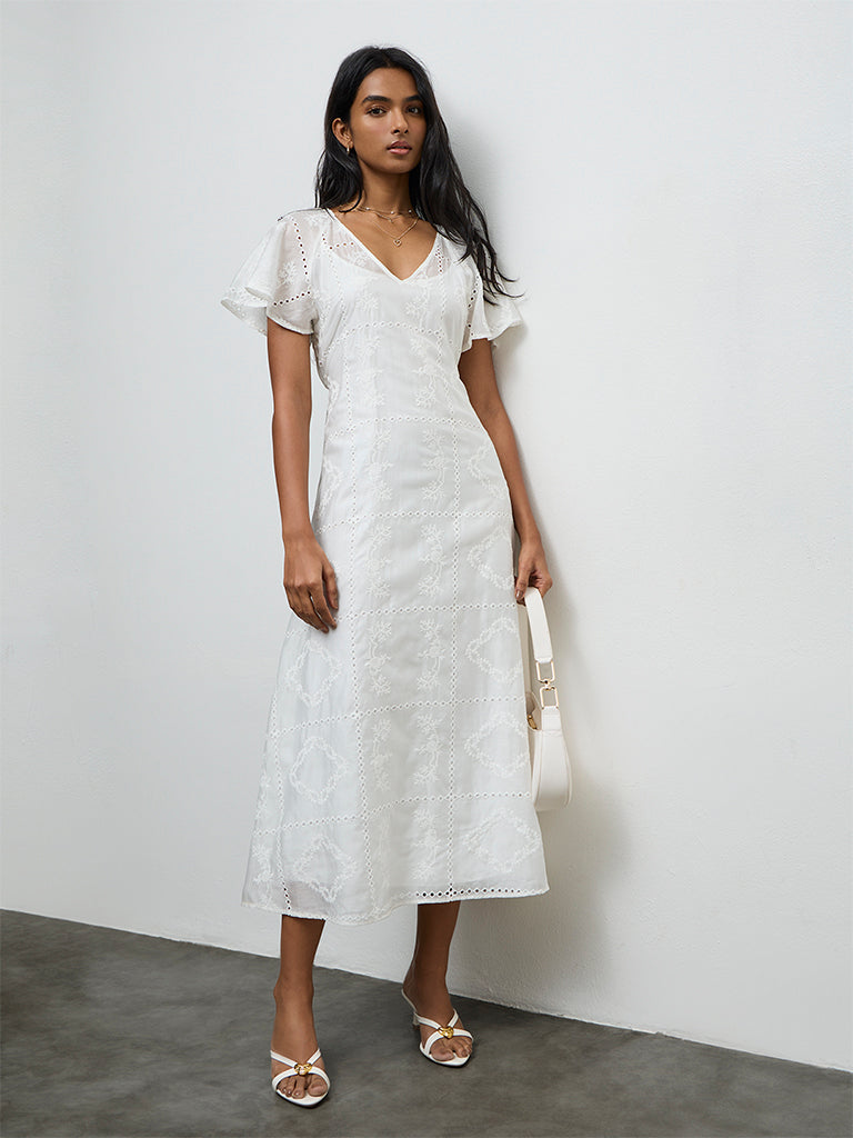 LOV White Embroidered A-Line Dress