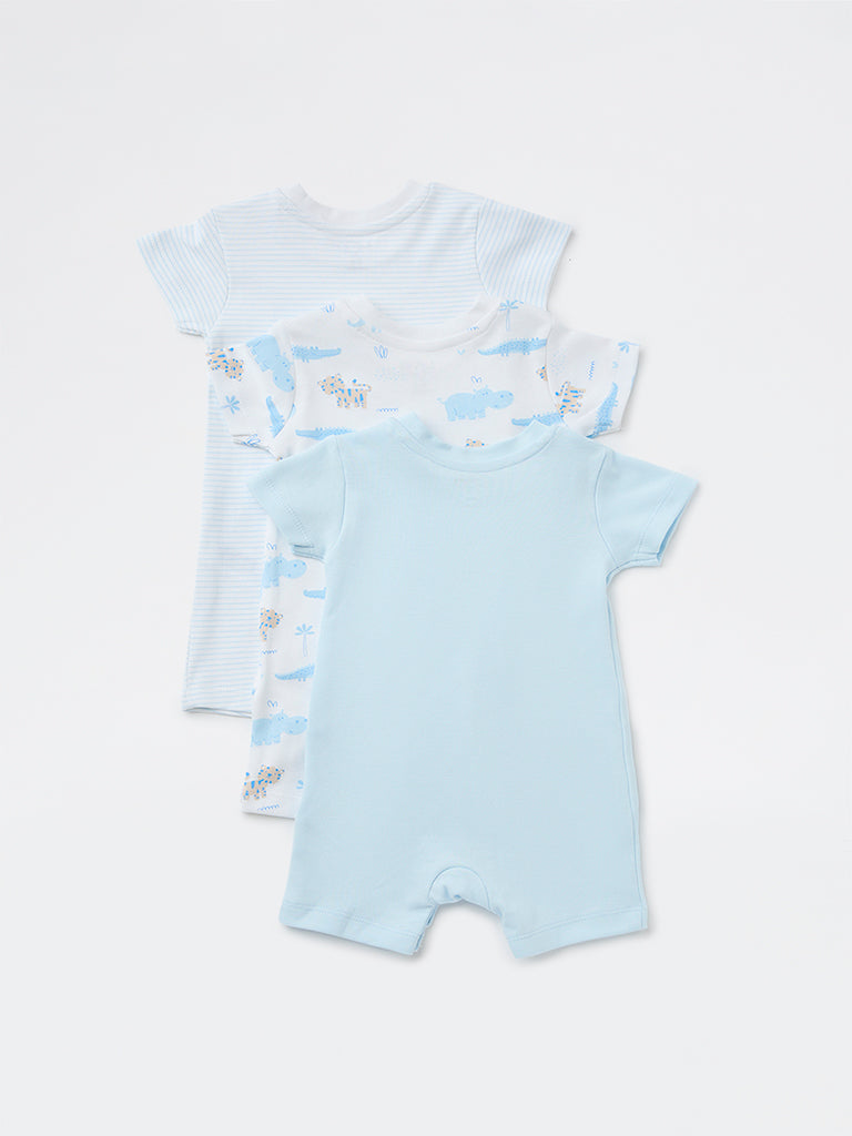 HOP Baby Boys Blue Printed Cotton Romper - Pack of 3
