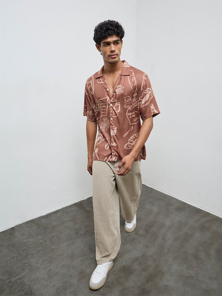 Nuon Brown Printed Relaxed-Fit Shirt