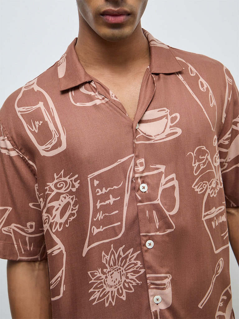 Nuon Brown Printed Relaxed-Fit Shirt