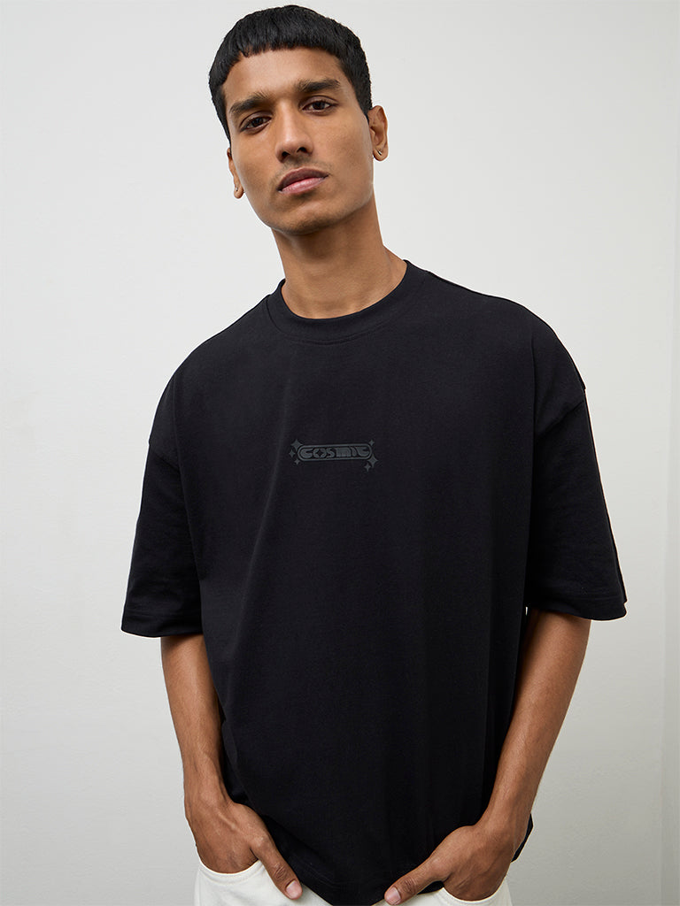 Nuon Black Embossed Oversized-Fit Cotton T-Shirt
