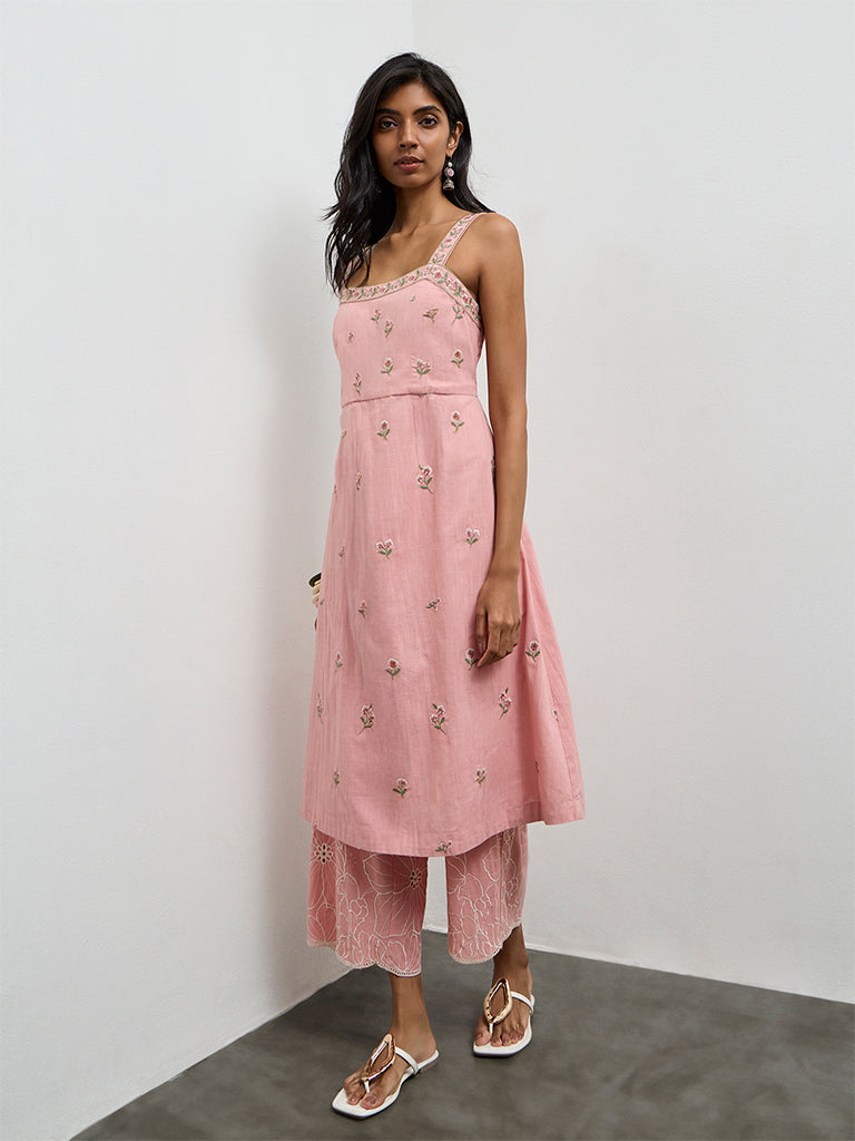 Utsa Pink Floral Embroidered A-Line Cotton Kurta