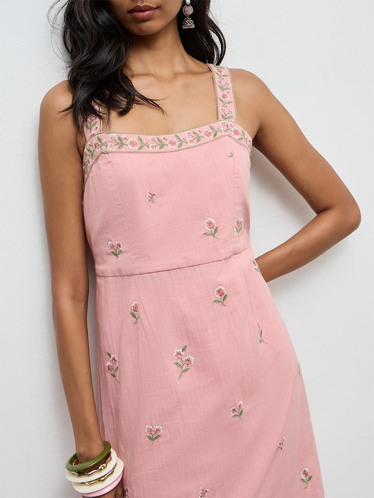 Utsa Pink Floral Embroidered A-Line Cotton Kurta