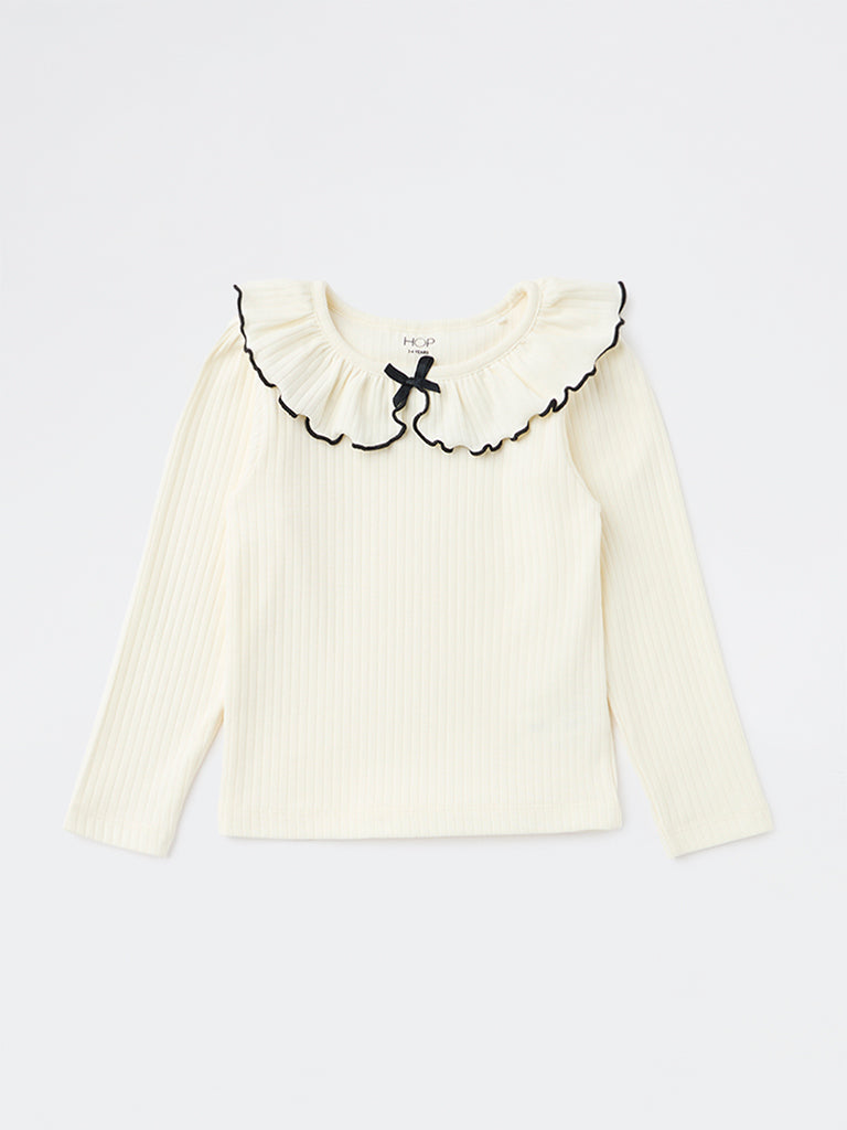 HOP Kids Girls Off-White Ribbed Bow-Detail Cotton-Blend Top
