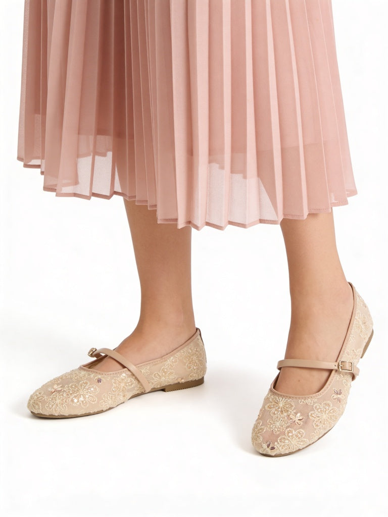 LUNA BLU Cream Embellished Mesh Mary Jane Shoes