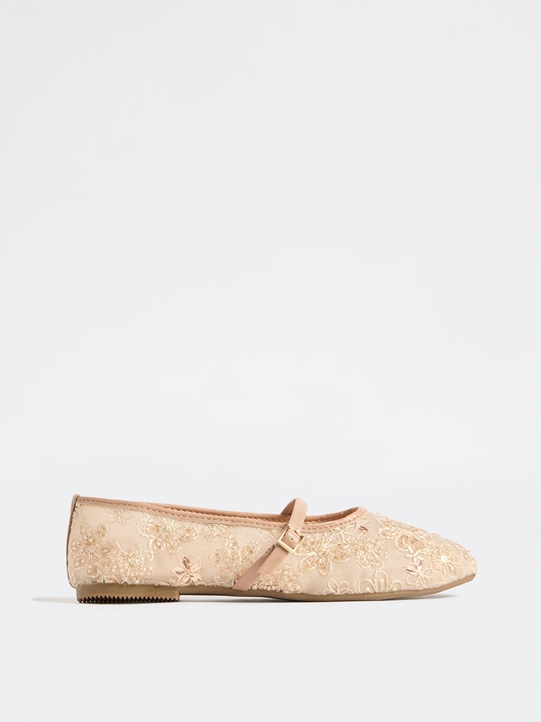 LUNA BLU Cream Embellished Mesh Mary Jane Shoes