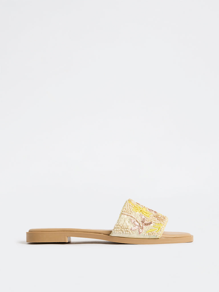 LUNA BLU Blush Pink Floral Embellished Slides