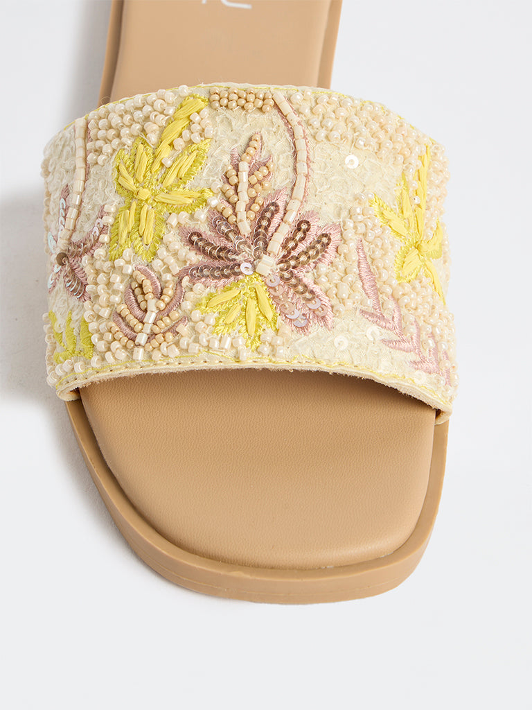 LUNA BLU Blush Pink Floral Embellished Slides