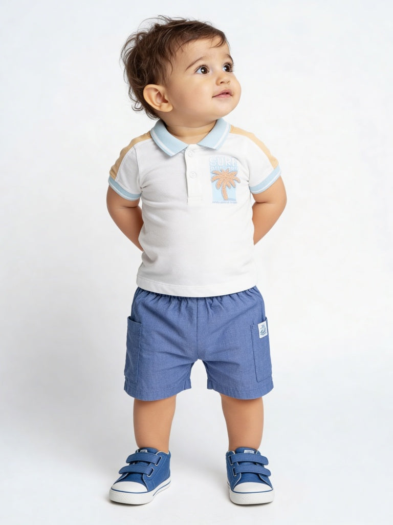 HOP Baby Boys White Tropical Themed Cotton Polo T-Shirt and Shorts Set