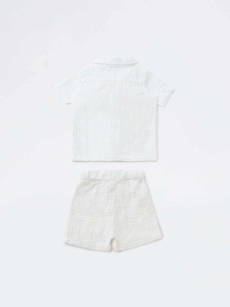 HOP Baby Boys White Embroidered Cotton Shirt and Shorts Set