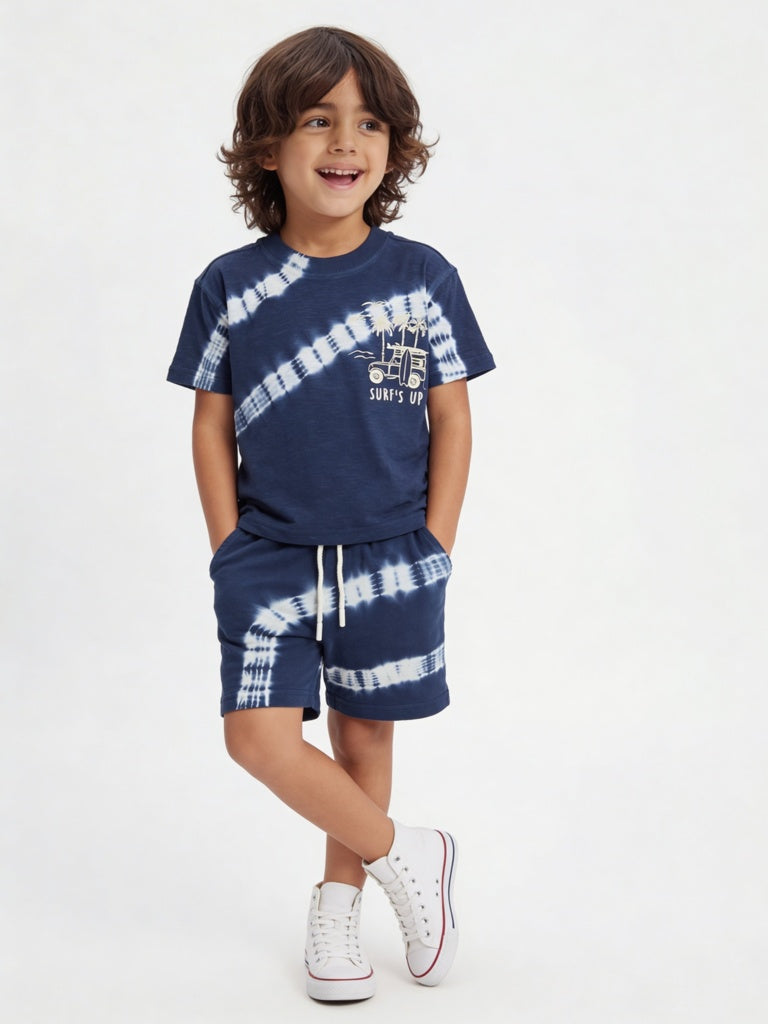 HOP Kids Boys Navy Tie-Dye Cotton T-Shirt and Shorts Set