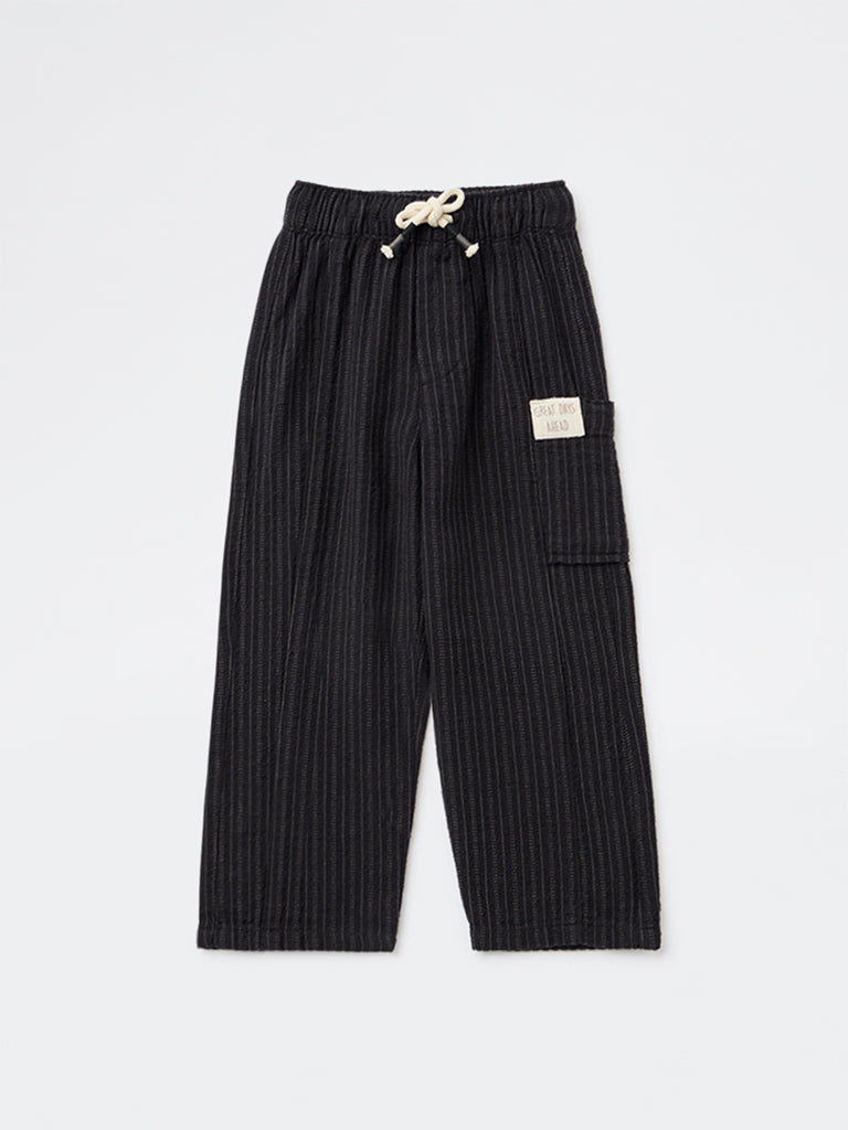 HOP Kids Boys Black Striped Mid-Rise Cotton Pants
