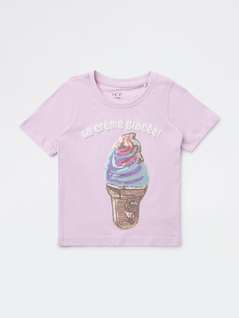 HOP Kids Girls Lilac Embellished Cotton T-Shirt