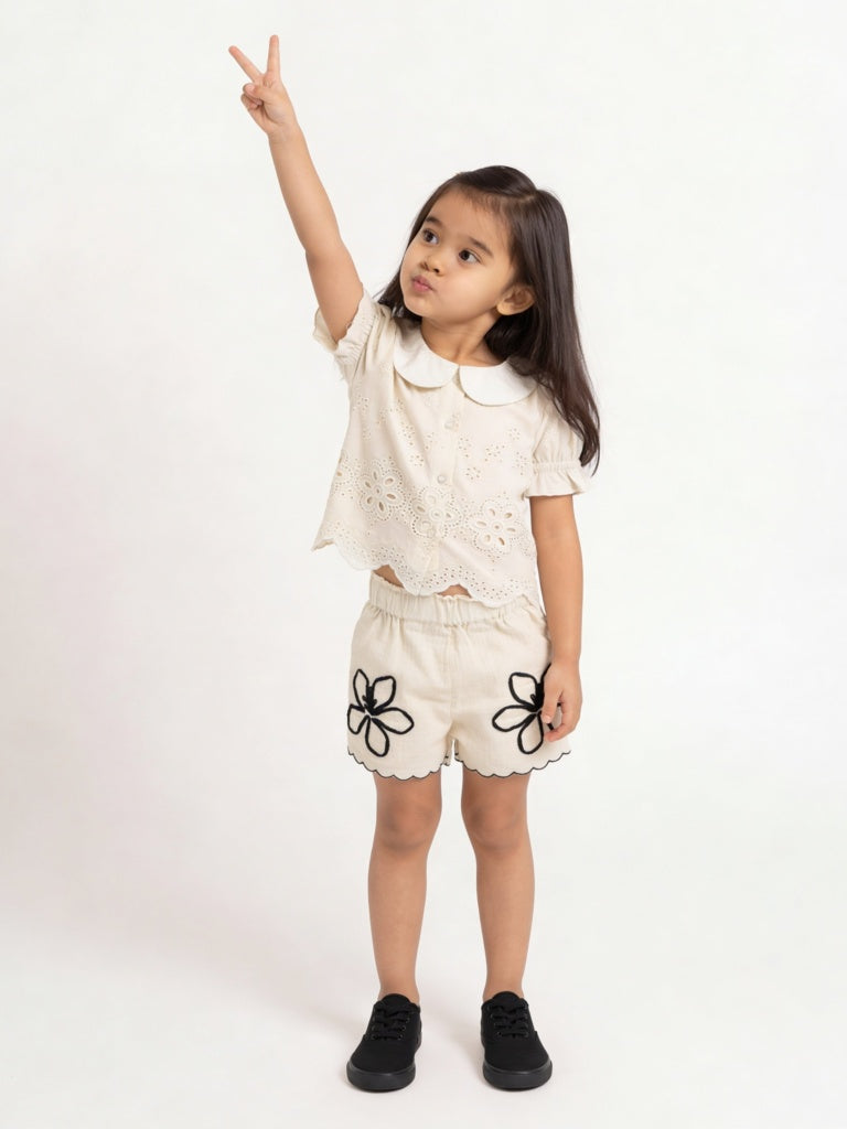 HOP Kids Girls Off-White High-Rise Cotton Shorts