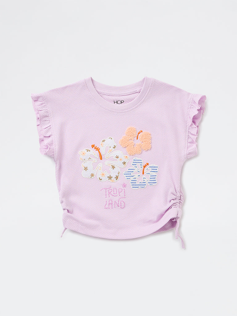 HOP Kids Girls Lilac Floral Embroidered Cotton Top