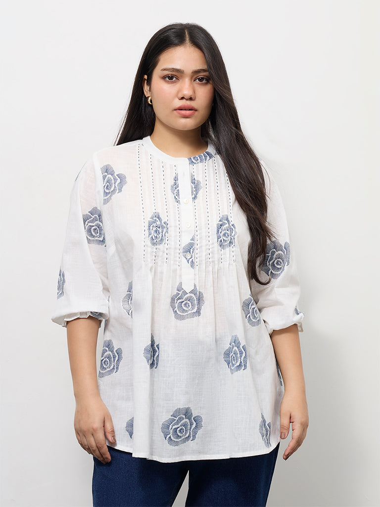 Diza Off-White Floral Printed Cotton Tunic