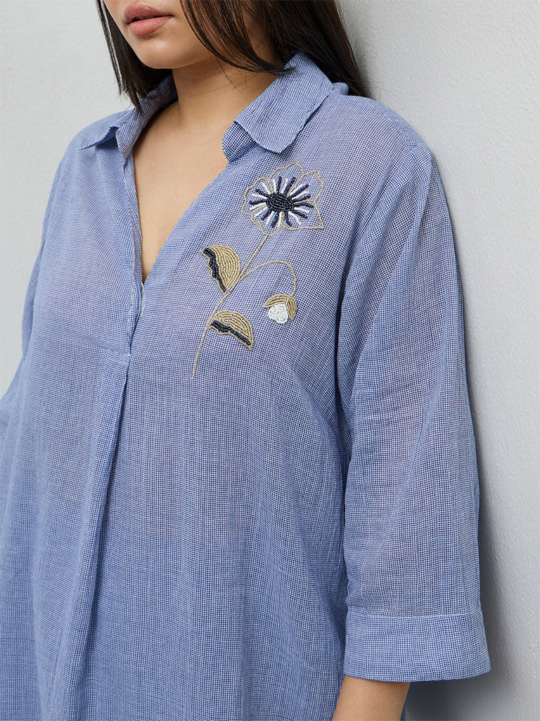 Diza Blue Floral Embellished Cotton Tunic