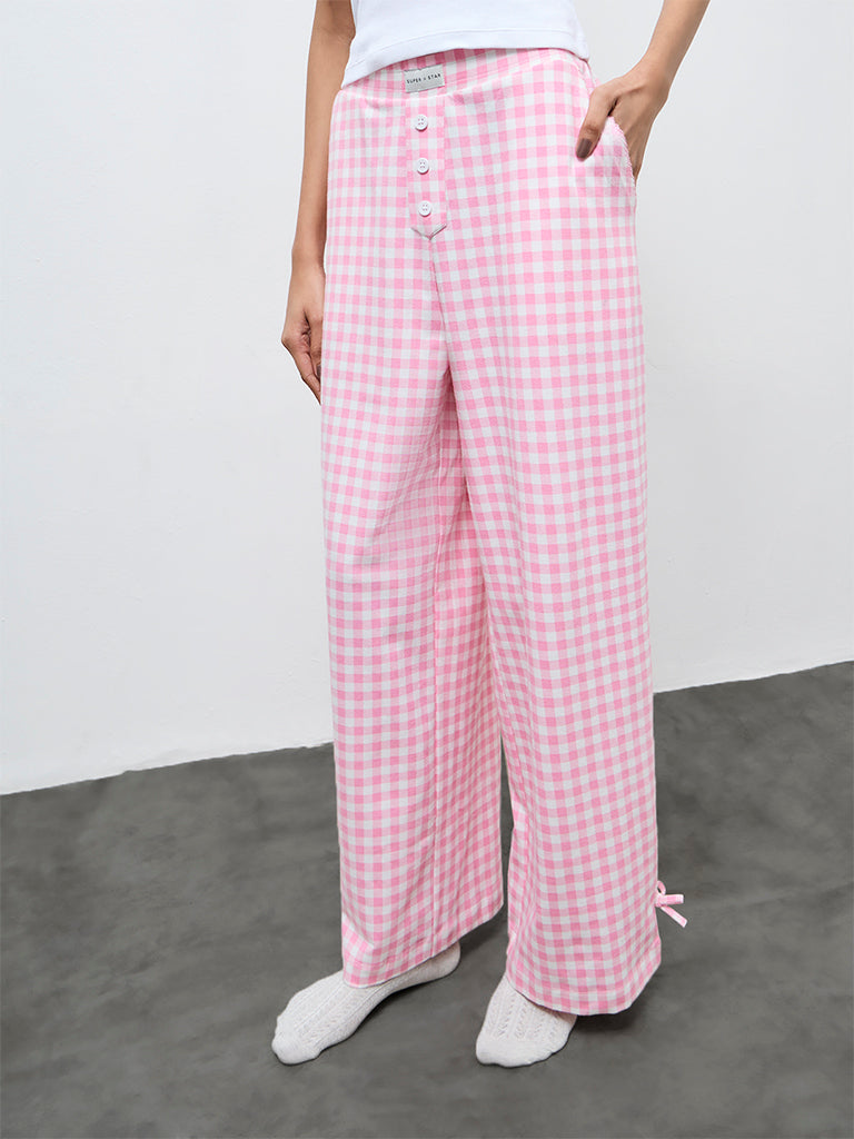 Superstar Pink Gingham Checkered High-Rise Cotton-Blend Pants