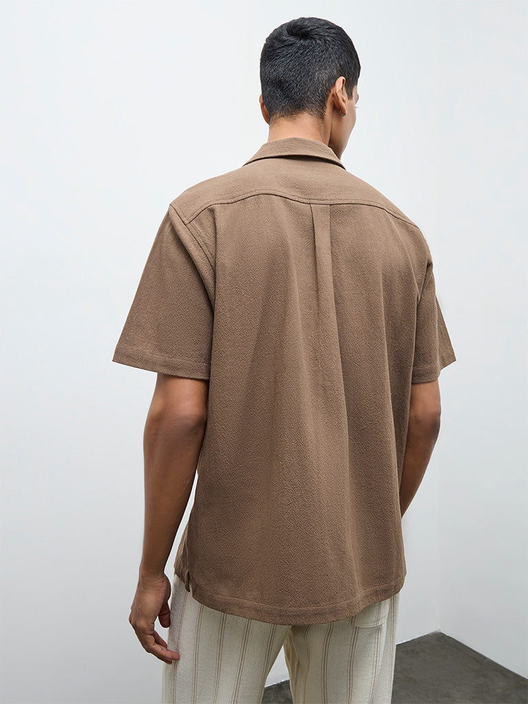 ETA Taupe Floral Embroidered Relaxed-Fit Cotton Shirt