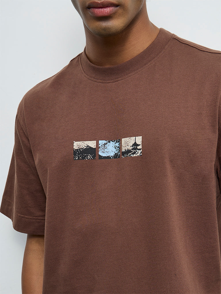Nuon Brown Printed Relaxed-Fit Cotton T-Shirt