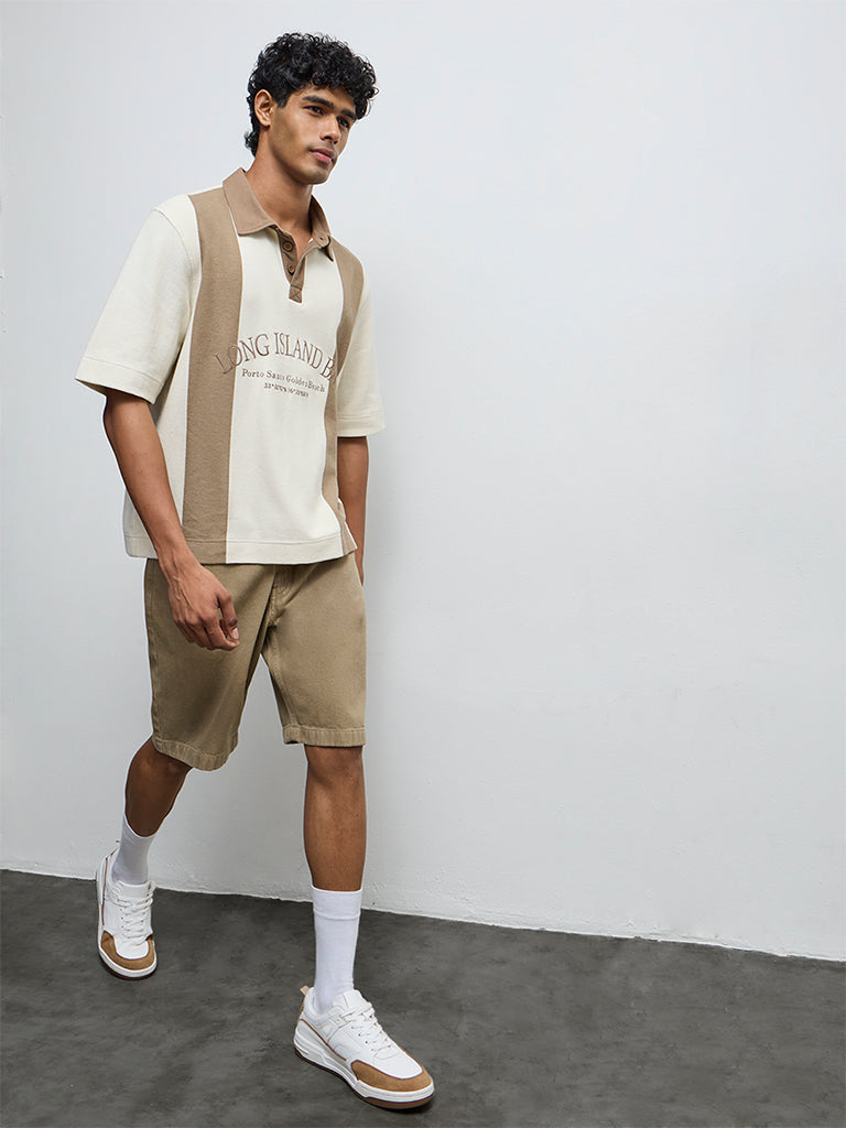 Nuon Taupe Color-Blocked Relaxed-Fit Cotton Polo T-Shirt