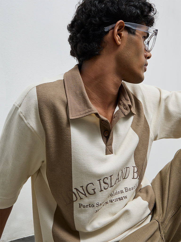 Nuon Taupe Color-Blocked Relaxed-Fit Cotton Polo T-Shirt