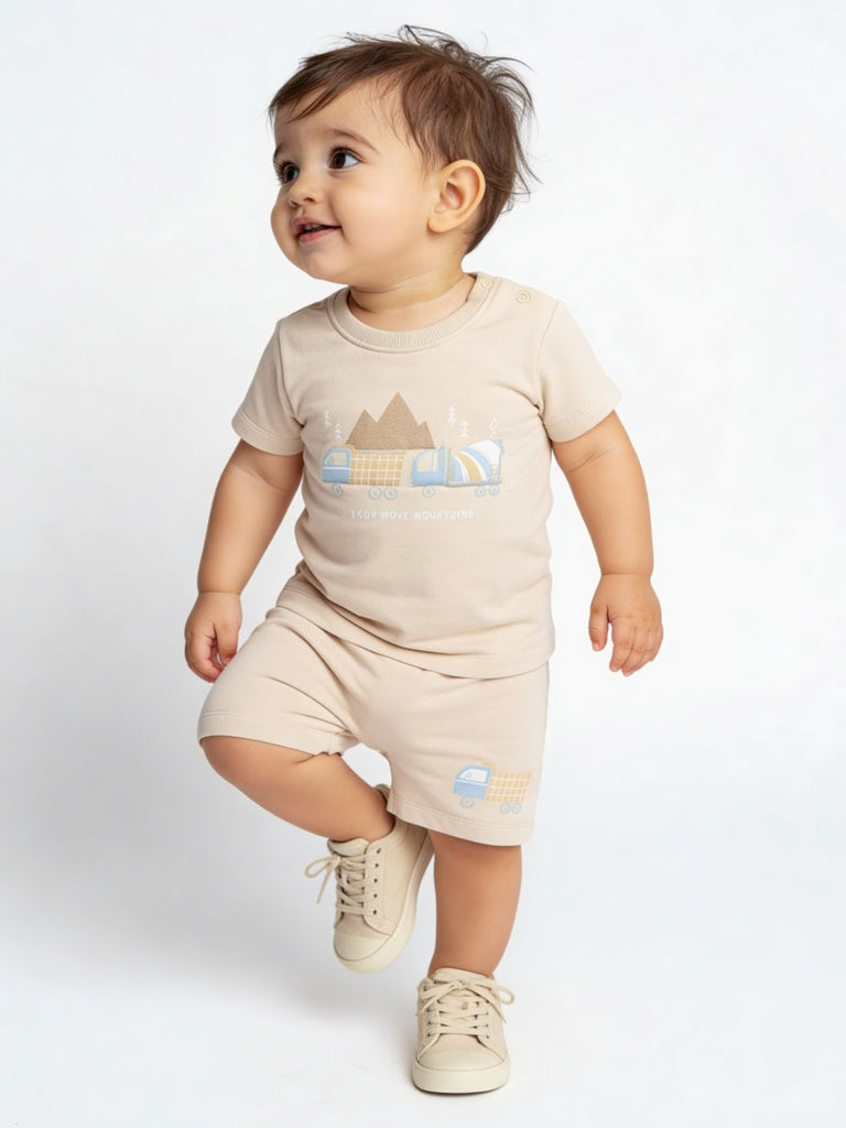 HOP Baby Boys Light Taupe Printed Cotton T-Shirt and Shorts Set