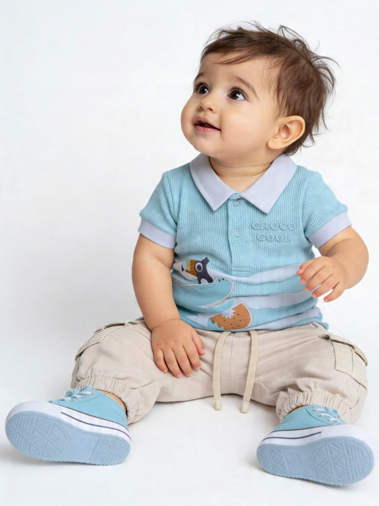 HOP Baby Boys Blue Printed Cotton T-Shirt