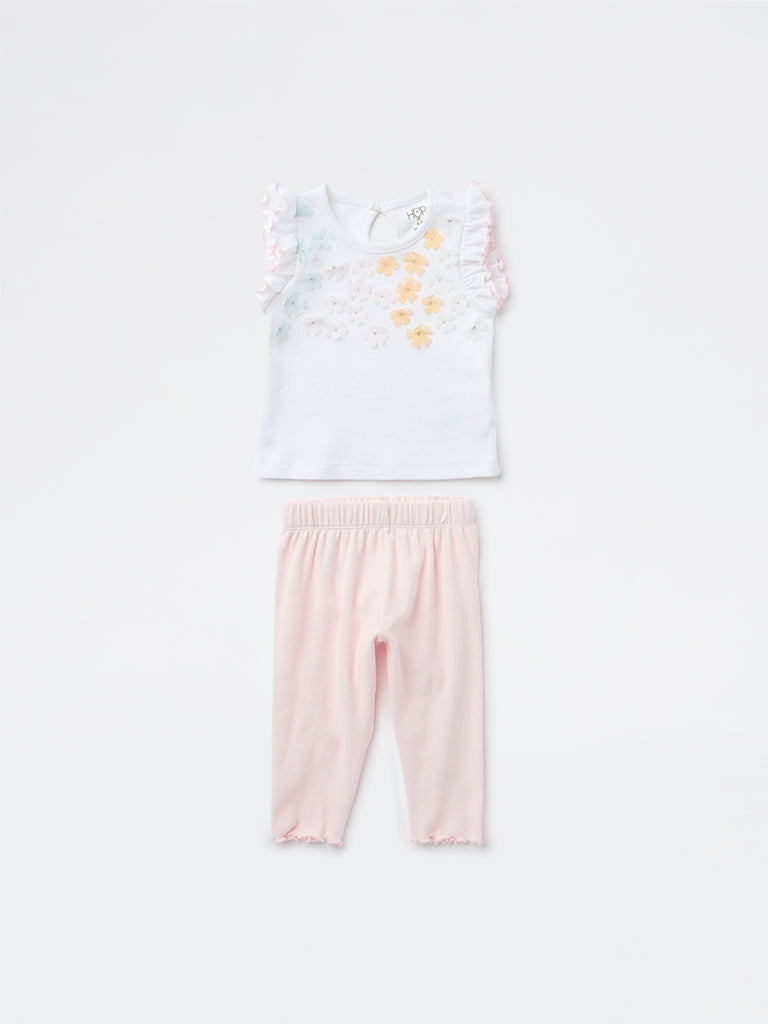 HOP Baby Girls White Floral Applique Detailed Cotton Top and Pants Set