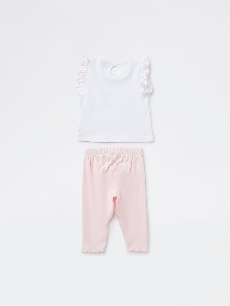 HOP Baby Girls White Floral Applique Detailed Cotton Top and Pants Set