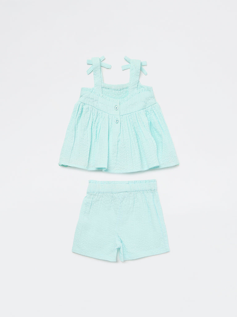 HOP Baby Girls Mint Floral Embroidered Cotton Top and Shorts Set