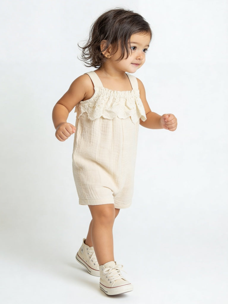 HOP Baby Girls Beige Schiffli Detailed Cotton Romper