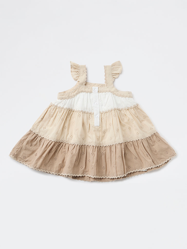 HOP Baby Girls White Color Block Cotton Dress