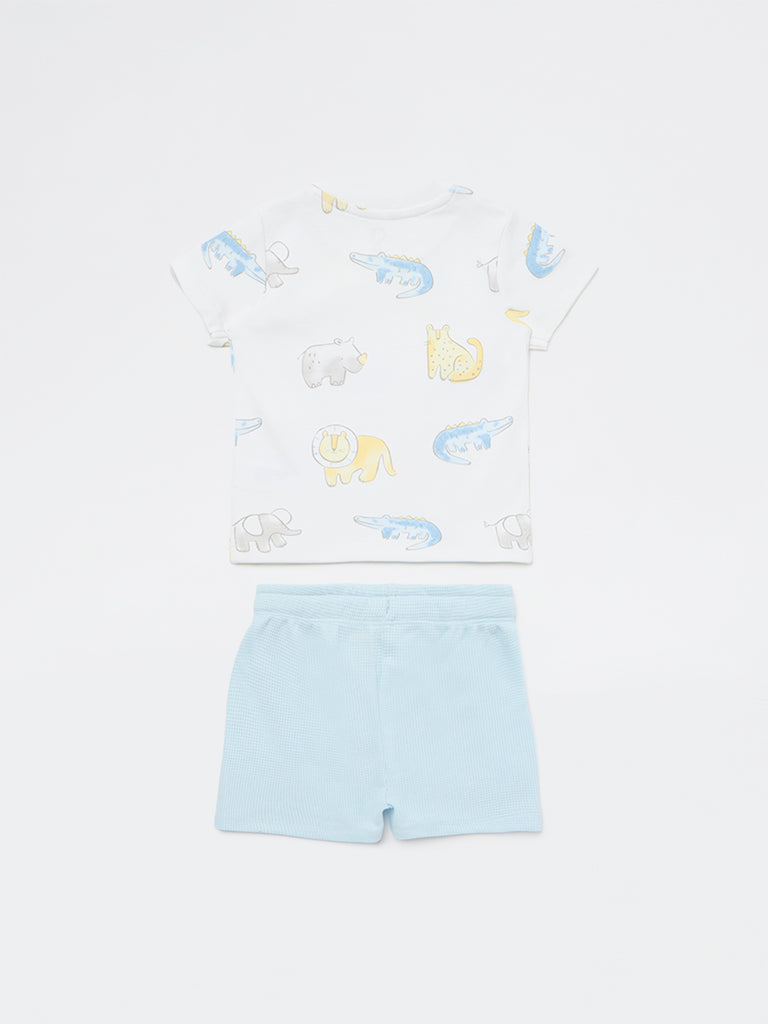 HOP Baby Boys White Animal Printed Cotton T-Shirt and Shorts Set