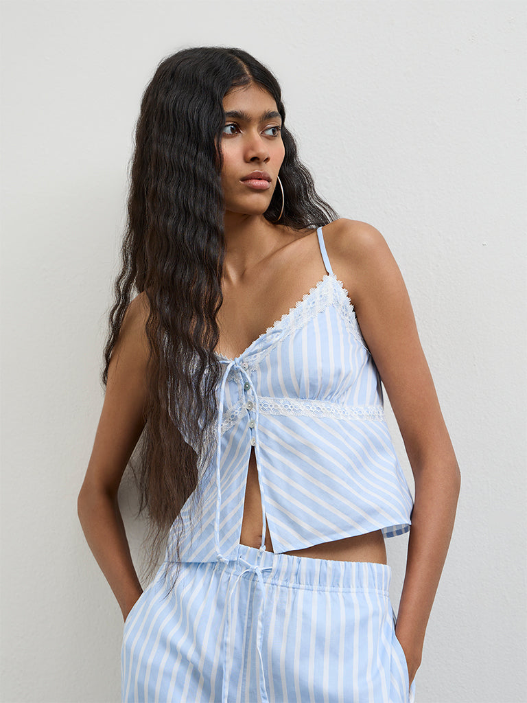 Nuon Blue Striped Lace-Detailed Cotton Top