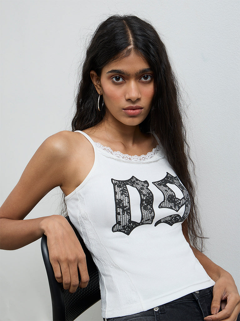Nuon White Text Printed Cotton-Blend Top
