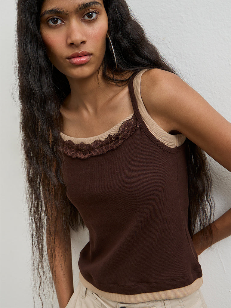 Nuon Brown Lace-Detailed Cotton-Blend Top