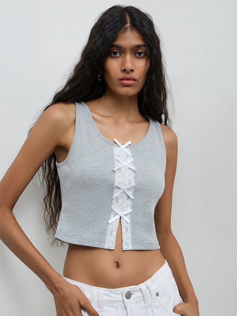 Nuon Grey Lace-Detailed Tank Cotton-Blend Top