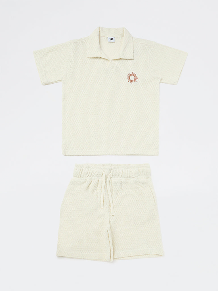 Boys Off-White Textured Cotton-Blend T-Shirt and Shorts Set