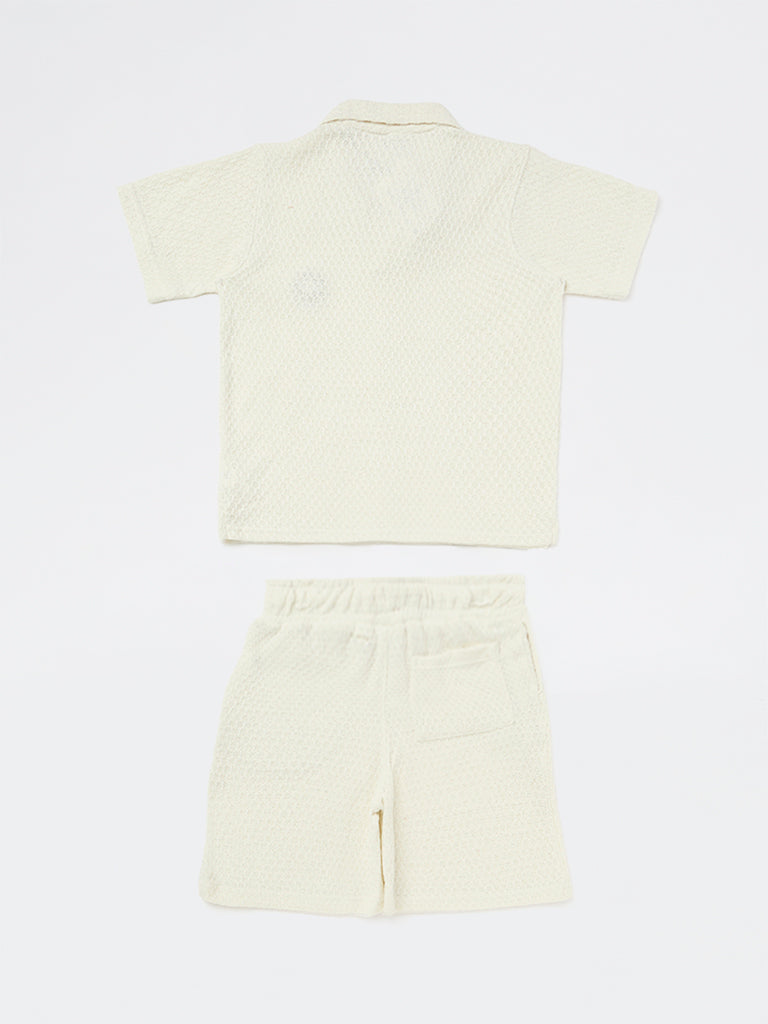 Boys Off-White Textured Cotton-Blend T-Shirt and Shorts Set