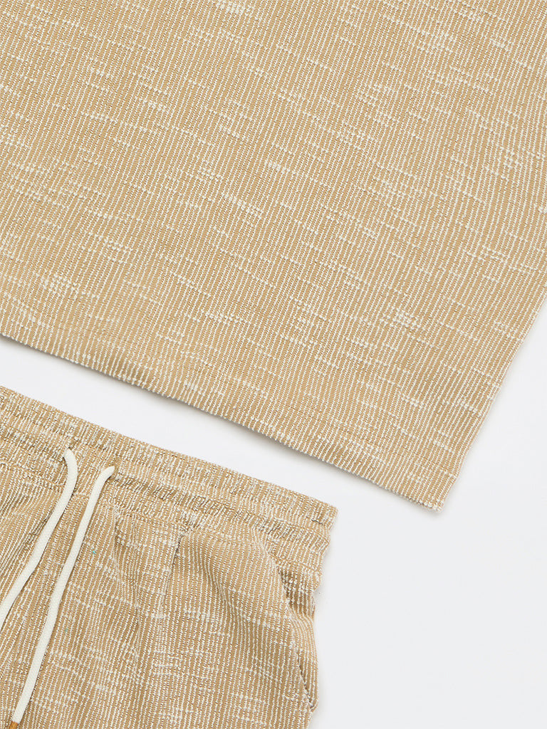 Boys Light Brown Textured Cotton T-Shirt and Shorts Set