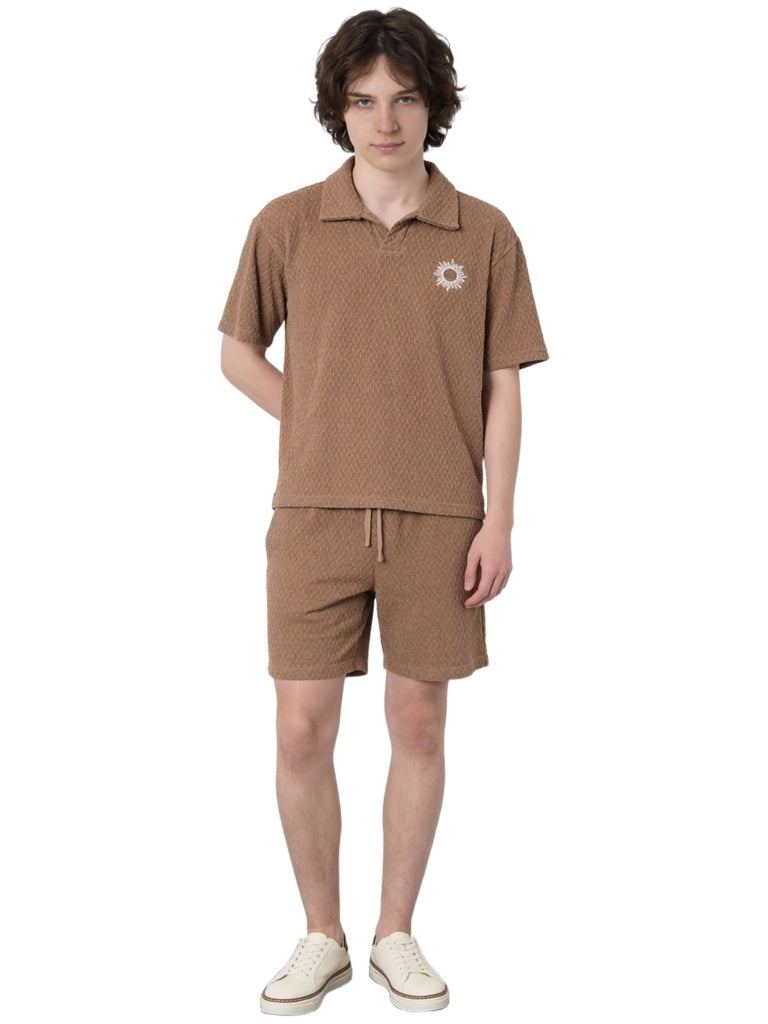 Boys Brown Textured Cotton-Blend T-Shirt and Shorts Set