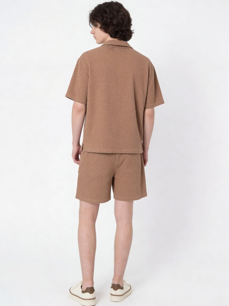 Boys Brown Textured Cotton-Blend T-Shirt and Shorts Set