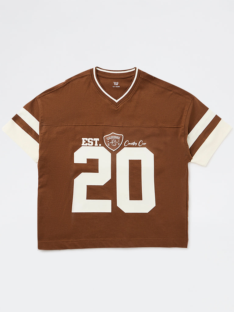 Boys Brown Numerical Printed Cotton T-Shirt